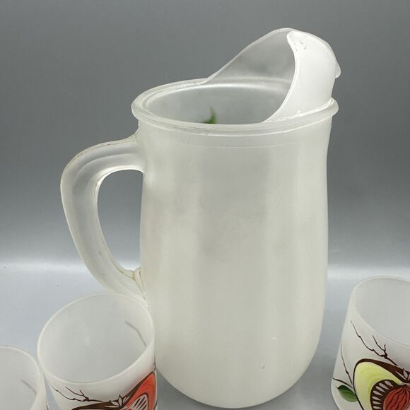 Vintage Gay Fad Hazel Atlas Frosted Pitcher Glass Set Stone Fruit Hand-Painted - Picture 6 of 11